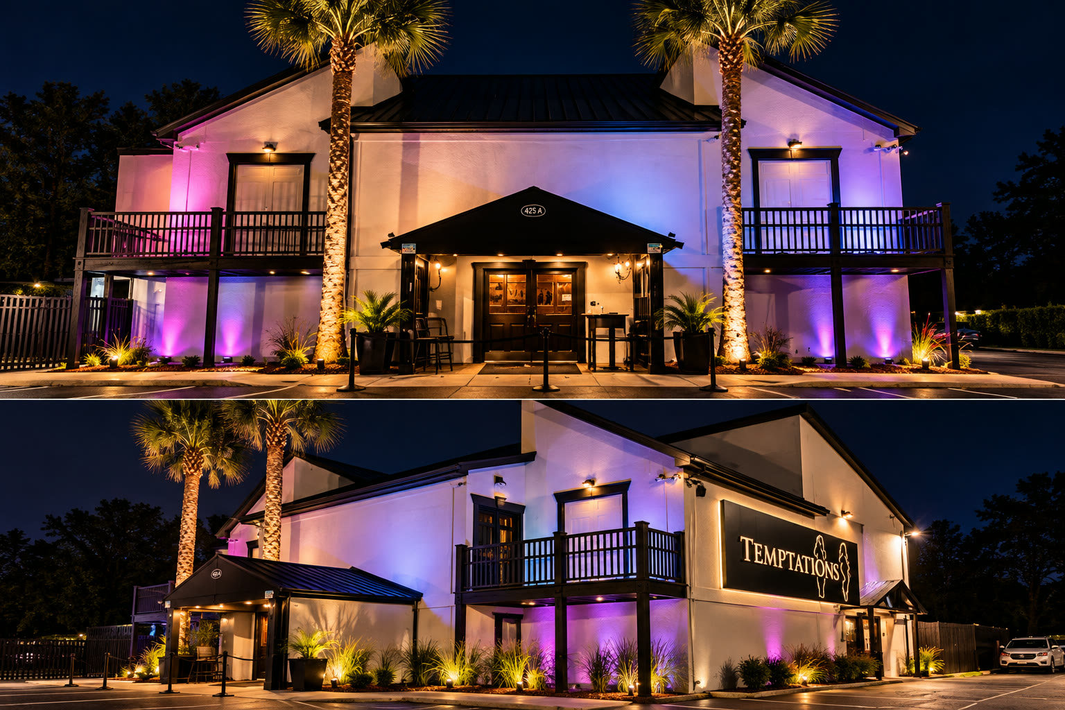 Temptations Gentlemen’s Club exterior at night, lit in blue, magenta and gold