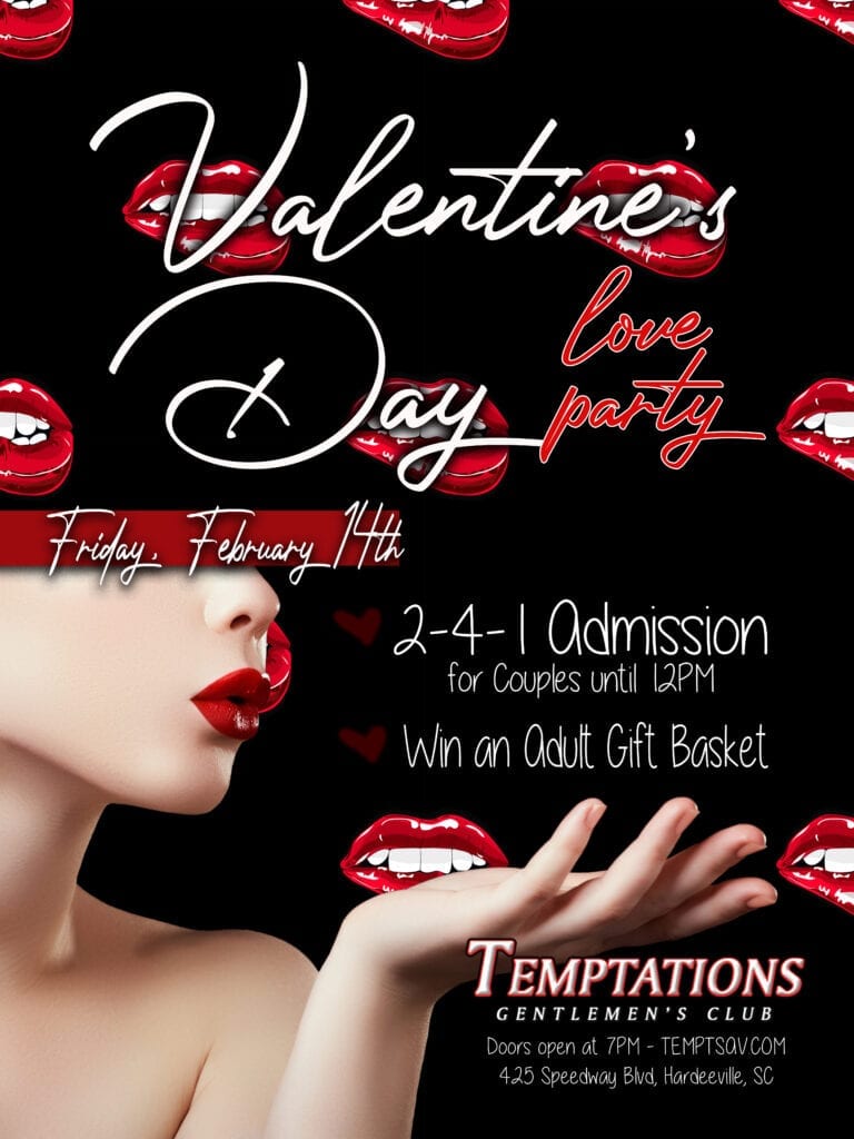 Valentine's Day love party flyer with red lips and event details.